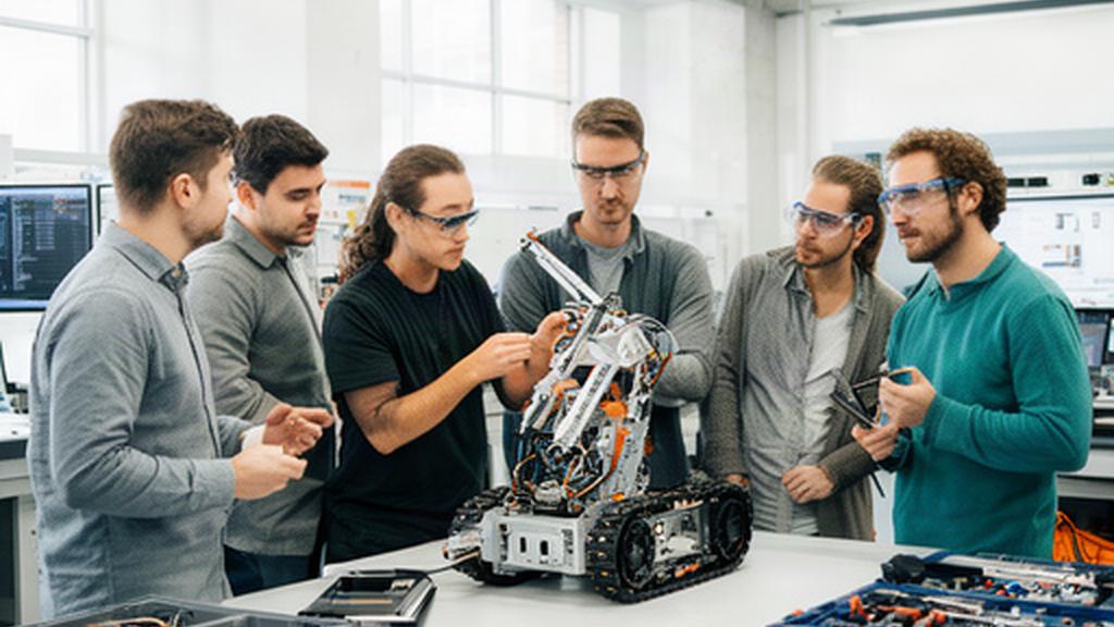 AI engineers collaborating around a robotic prototype in a bright Surrey workshop