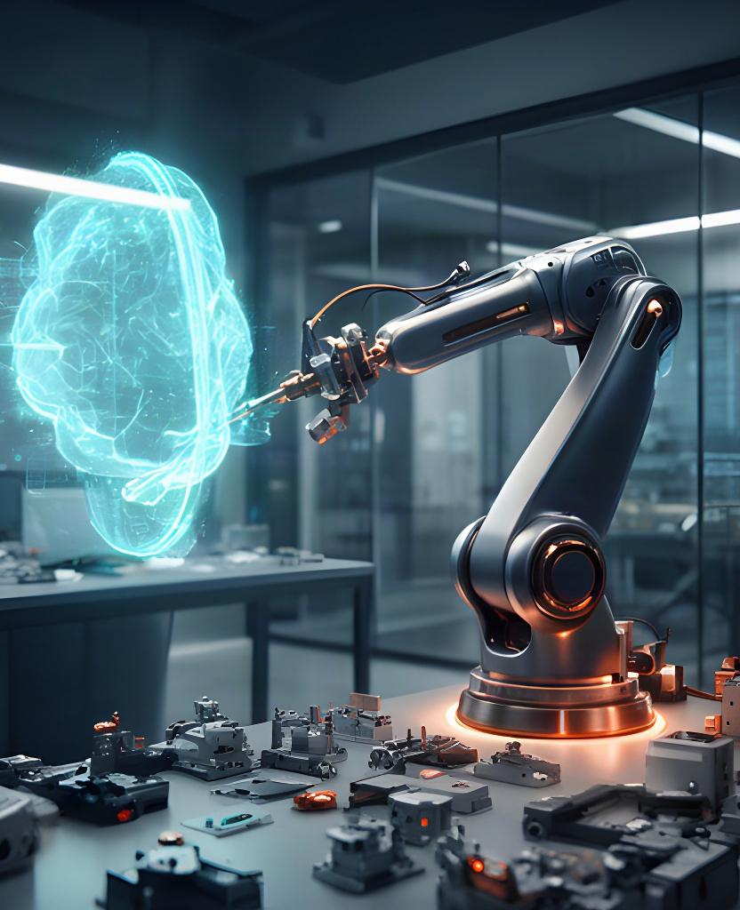 Futuristic automation concept with robotic arm and AI interface in a London engineering studio