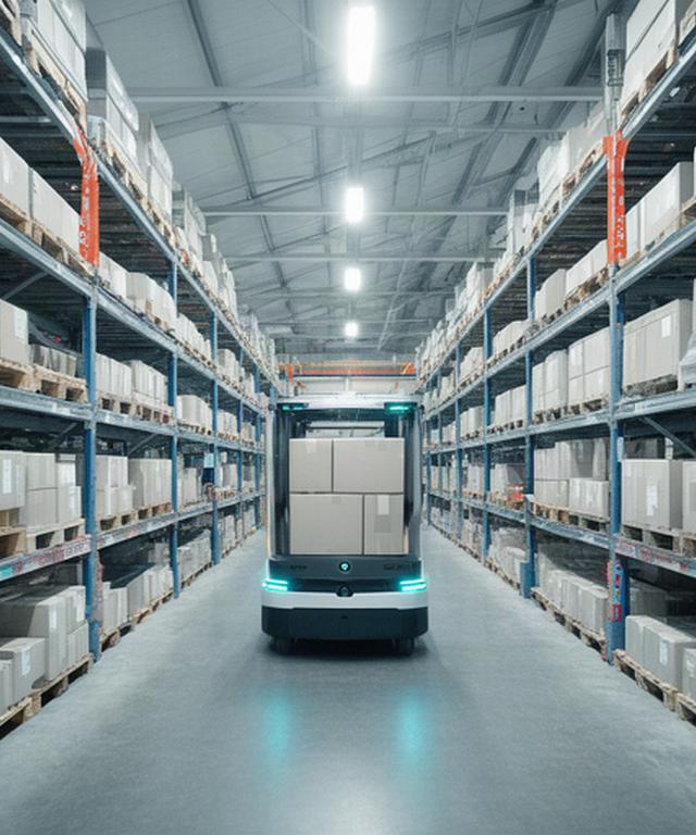 Autonomous warehouse vehicle moving labelled parcels through a well-lit British distribution centre
