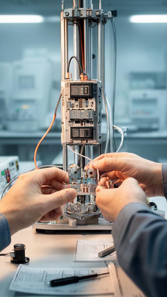 Engineer testing sensor connections on a compact automation rig in a controlled workshop