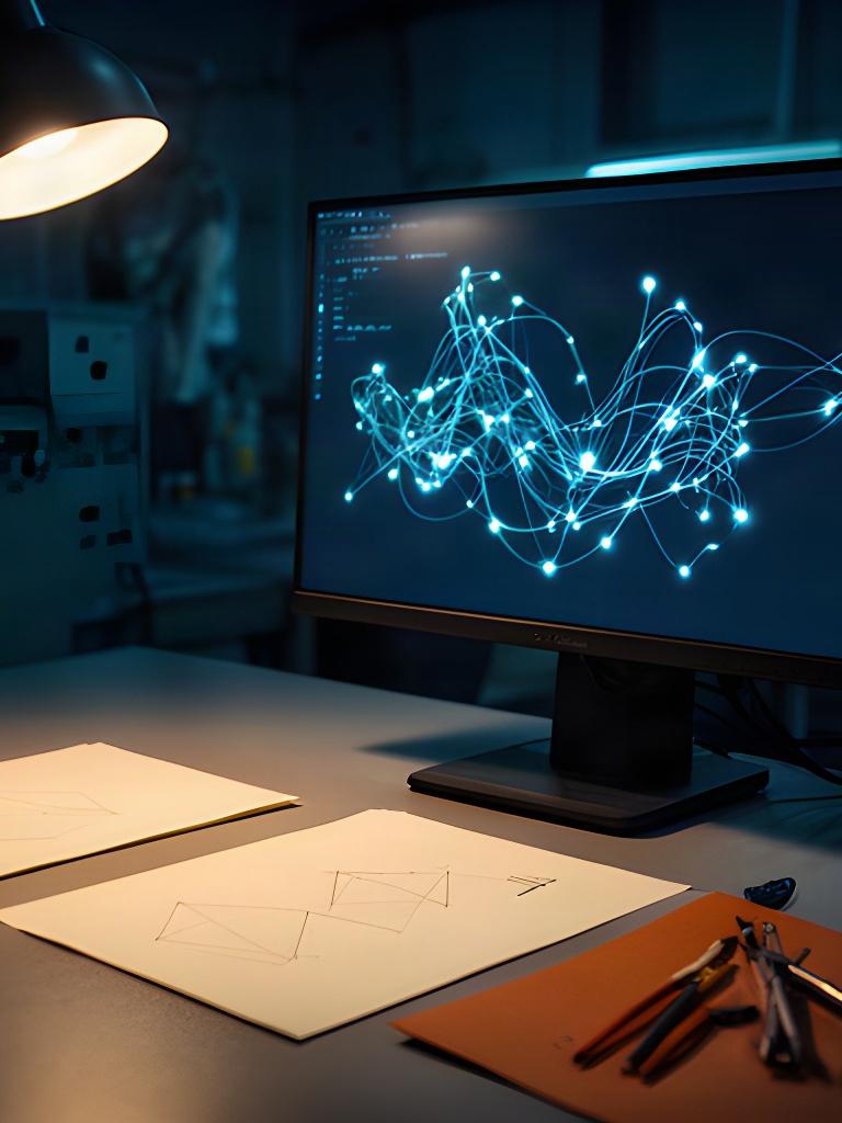 Machine learning model visualisation on a workstation beside handwritten data notes