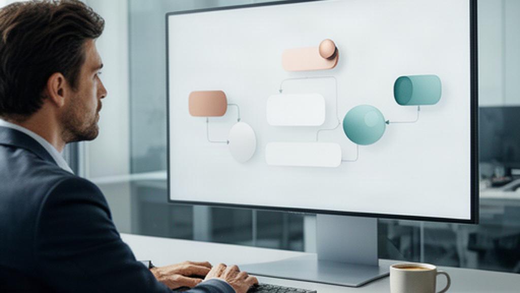 Business analyst reviewing an intelligent workflow automation dashboard on a large office monitor
