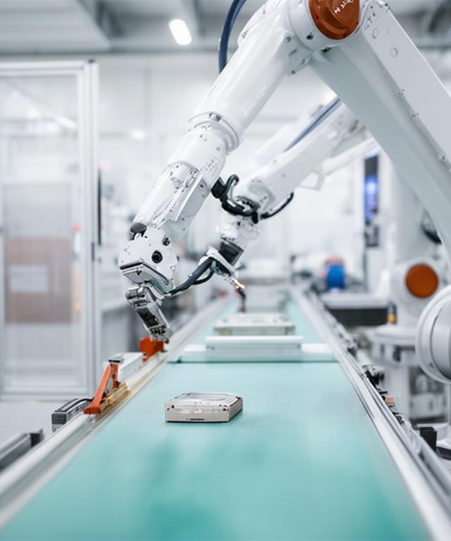 Industrial robotic arm placing a component on a bright modern factory assembly line